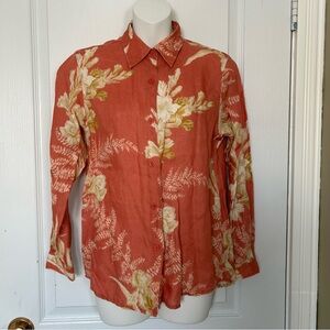 Liz Claiborne Liz Sport Petite 100% Linen Coral Floral Button-Down Shirt